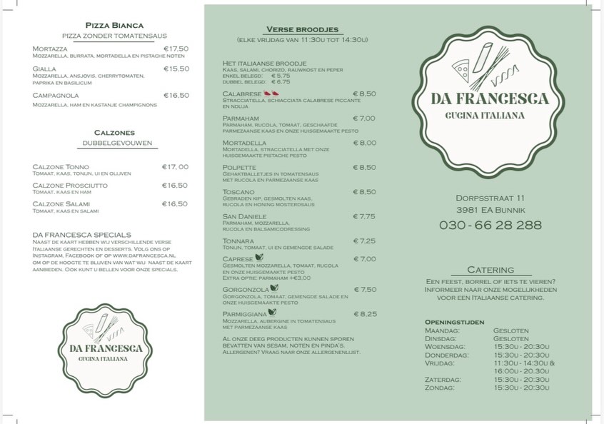 Onze nieuwe kaart is er! 🎉
Met vertrouwde favorieten én heerlijke nieuwe gerechten. Kom langs en ontdek jouw nieuwe favoriet! 🍕❤️

De nieuwe folders liggen in de winkel of op onze website; www.dafrancesca.nl staat een pdf bestand. 🙏🏼