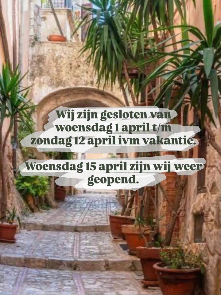Wij hebben een korte pauze 🍕✨
Wij zijn van woensdag 1 april t/m zondag 12 april gesloten om weer helemaal op te laden voor een mooie, drukke zomer die eraan komt!
Woensdag 15 april staan we weer fris, energiek en met nóg meer zin voor jullie klaar🔥 

Liefs
Team Da Francesca ❤️✨
