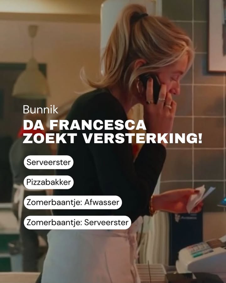 HORECATOPPERS OPGELET 💃🍕

Ons restaurant, Da Francesca in Bunnik, is op zoek naar versterking! Ben jij die gezellige serveerster die onze gasten een topavond bezorgt? Of sta jij het liefst achter de oven als pizzabakker?

Of je nu een vast bijbaantje zoekt of een extra zakcentje voor de zomer: wij hebben momenteel 4 open posities!

📩 Interesse? Stuur ons een mailtje via dafrancesca.bunnik@gmail.com en wie weet sta jij binnenkort bij ons op de vloer!

#horecavacature #werkenindehoreca #bijbaan
